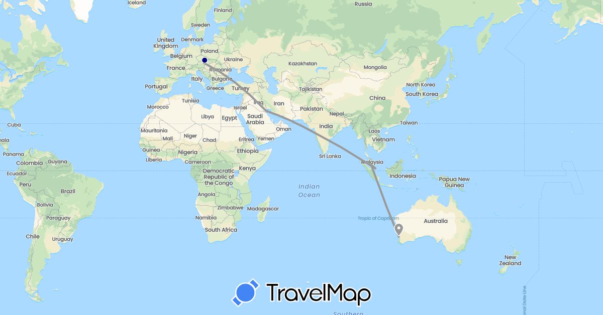 TravelMap itinerary: driving, plane in Austria, Australia, Czech Republic, India, Kuwait, Malaysia, Singapore (Asia, Europe, Oceania)